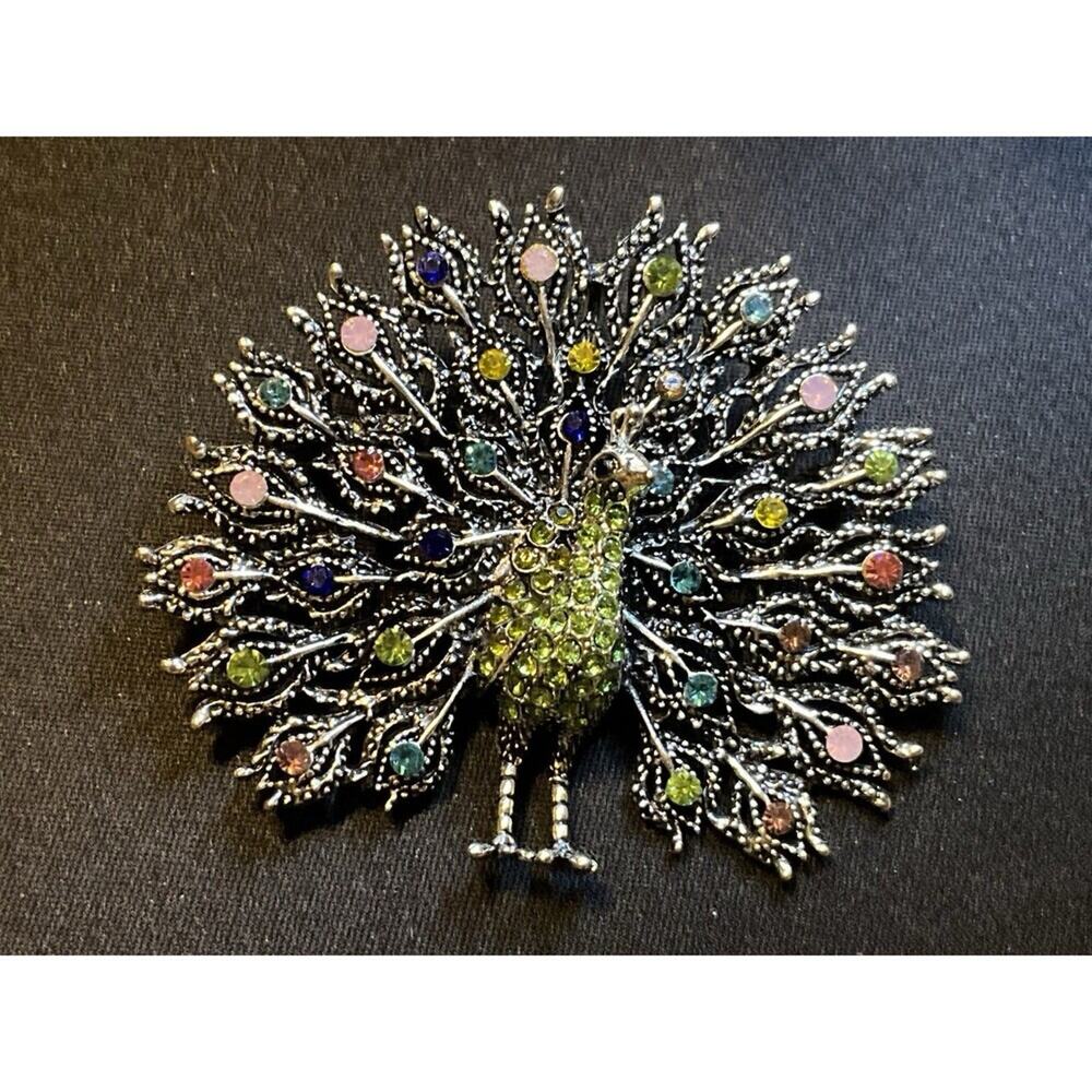 Large Rhinestone Peacock Brooch - Picture 2 of 5
